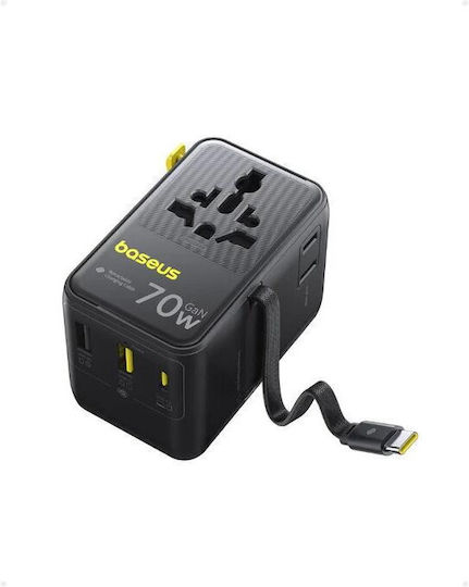 Baseus Enercore Cg11 Netzladegerät 70w Universal Netzadapter 2 X Ac 2 X Usb 2 X Usb Typ-C Ausziehbares Usb Typ-C Kabel Schwarz e0307e00 Inklusive MwSt 0,18lei 6932172696474