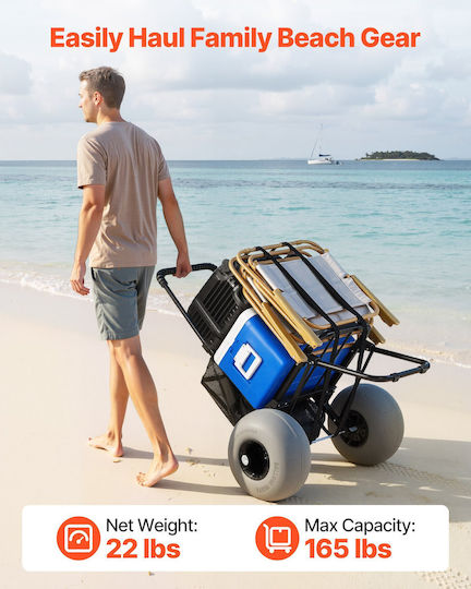 Vevor Beach Dolly Big Wheels Sand 460 X 375 Mm Cargo Deck Folding Sand Cart 320 Mm Balloon Wheels 75 Kg Load Capacity 855-1150 Mm Adjustable Height Heavy Duty Cart Beach Camping