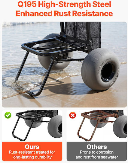 Vevor Beach Dolly Big Wheels Sand 460 X 375 Mm Cargo Deck Folding Sand Cart 320 Mm Balloon Wheels 75 Kg Load Capacity 855-1150 Mm Adjustable Height Heavy Duty Cart Beach Camping