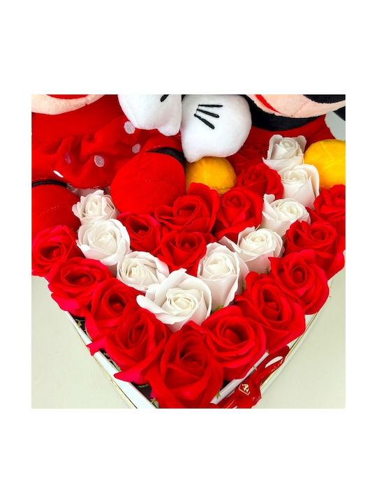 Aranjament Floral Mickey Minnie Mouse 29 Trandafiri Săpun În Cutie Albă În Formă De Inimă 29x35 Cm