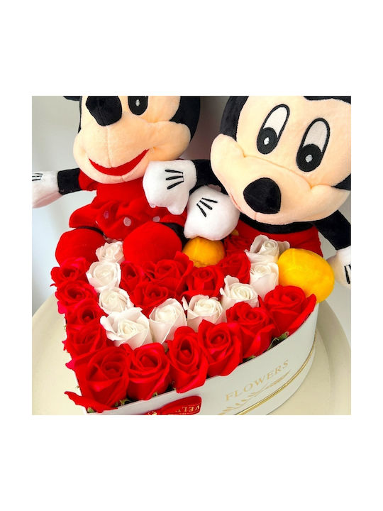 Aranjament Floral Mickey Minnie Mouse 29 Trandafiri Săpun În Cutie Albă În Formă De Inimă 29x35 Cm