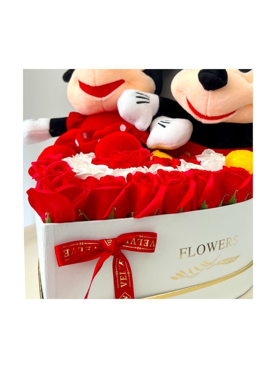 Aranjament Floral Mickey Minnie Mouse 29 Trandafiri Săpun În Cutie Albă În Formă De Inimă 29x35 Cm