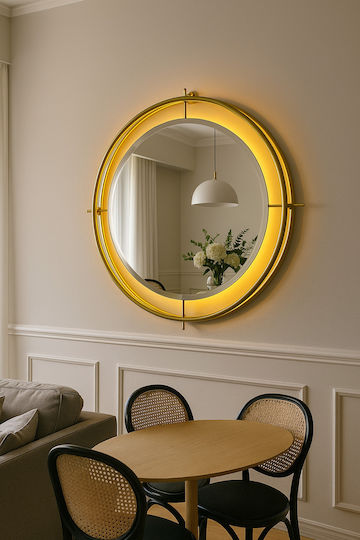 SteweHome Round Wall Mirror with Yellow Frame and LED Lighting Diameter 65cm SteweHome Round Wall Mirror with Yellow Frame and LED Lighting Diameter 65cm