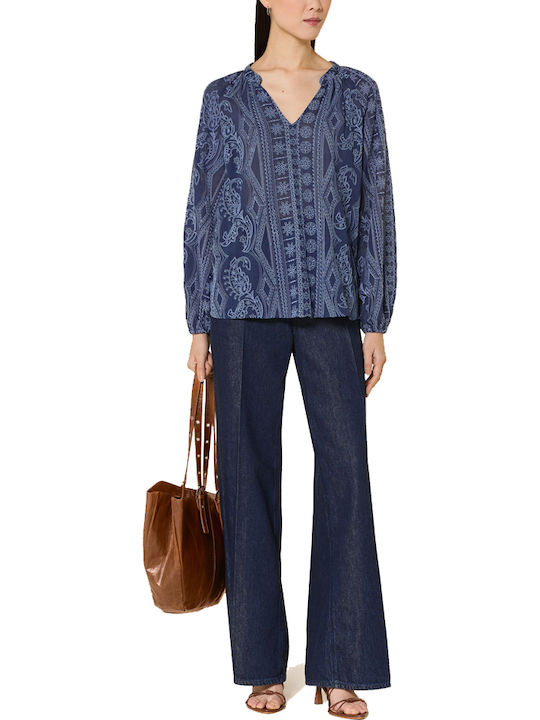 Women's Cotton Long Sleeve Top with V-Neck Blue
