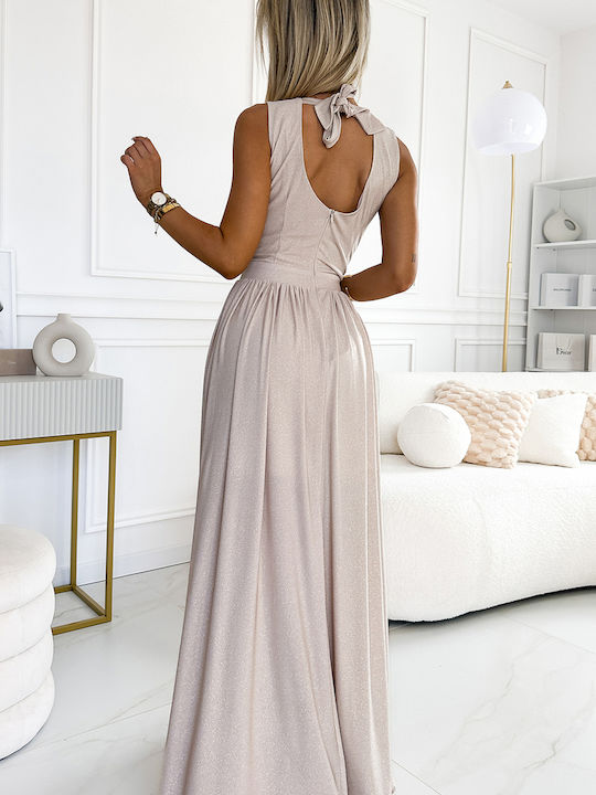 Maxi Abendkleid mit Tränen Beige Mit Glitzer