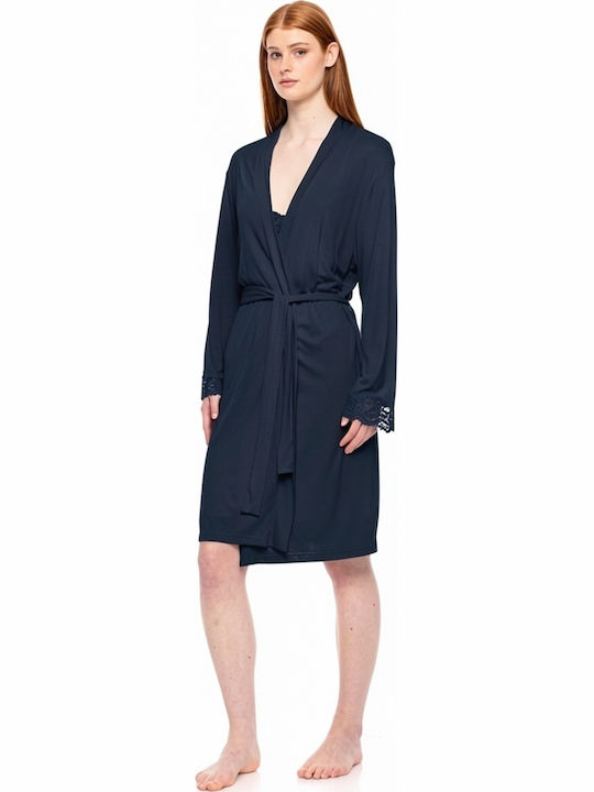 Pink Label Χειμερινή Γυναικεία Ρόμπα με Νυχτικό Yacht Blue