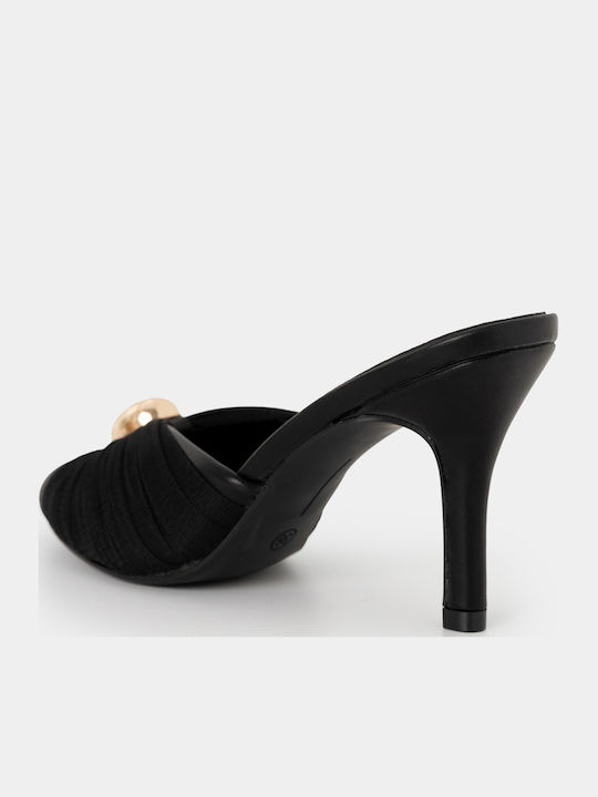 Satin Mules With Thin High Heel In Black Colour