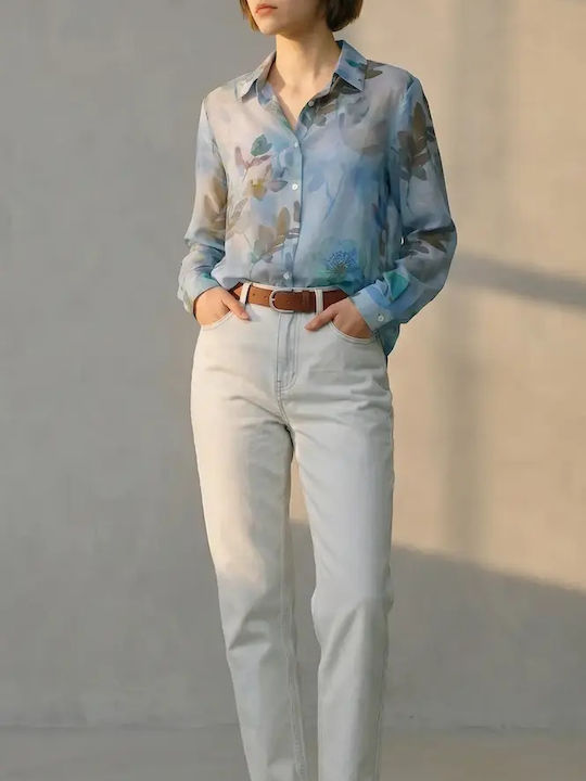 Langärmeliges Damenhemden Denim Hellblau Blumen