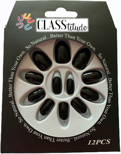 Set 12 Self-adhesive Press-on French Black False Nails