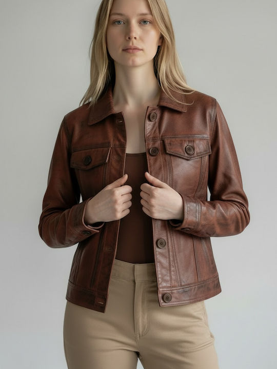 Leather Women's Jacket for Winter Cognac