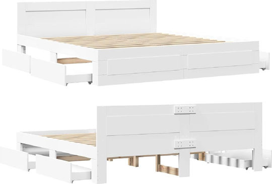 King Size Wooden Bed White with Slats for Mattress 193x203cm