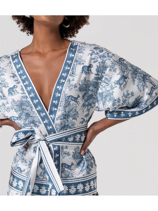 Kimono Scurt Pentru Femei Alb-Albastru