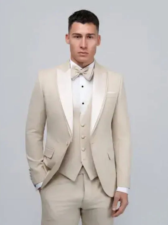 Summer Men's Groom's Suit with Vest Beige