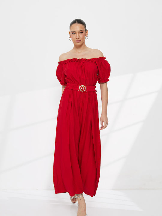 Дамски Off-Shoulder Едноделен Комбинезон Червен