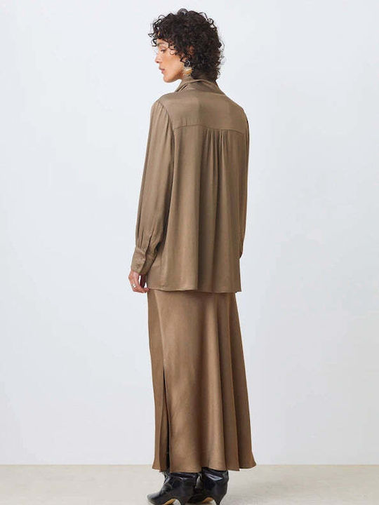 Bluza Damă Satin Mânecă Lungă Drapată Bej