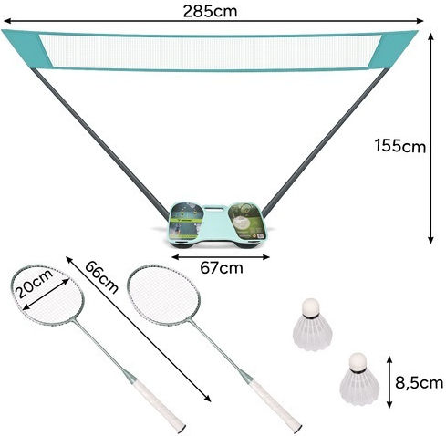 Set Complet Badminton Format Din 2 Rachete 2 Fluturași O Plasă 2 Suporturi Albastre Albe Negre