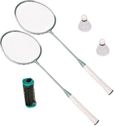 Set Complet Badminton Format Din 2 Rachete 2 Fluturași O Plasă 2 Suporturi Albastre Albe Negre