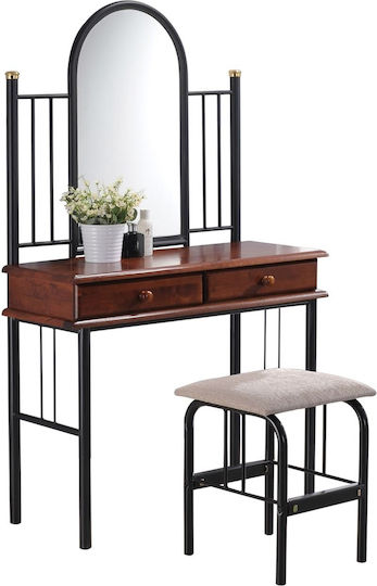 Floor-Standing Makeup Dressing Table Flora Set Made of Solid Wood & Metal Black / Walnut with Mirror & Stool 90x37x148cm