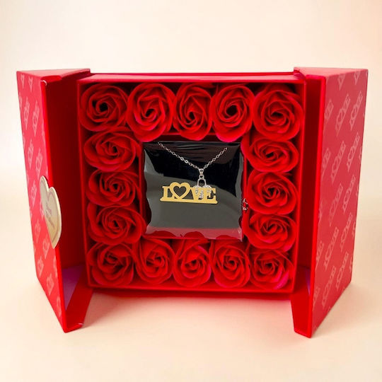 Set Cadou Love Box 16 Trandafiri din Săpun Colier Inimă din Oțel Inoxidabil