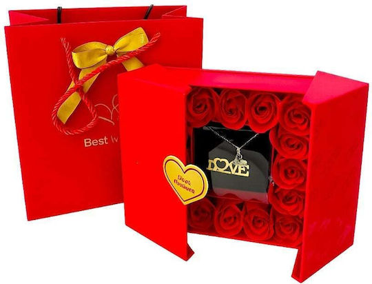 Set Cadou Love Box 16 Trandafiri din Săpun Colier Inimă din Oțel Inoxidabil