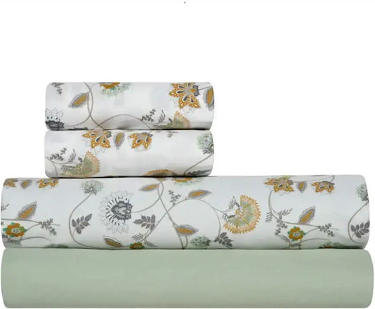 Kentia Ifigenia Bed Sheets Set Double 240x270cm White-Green-Mustard (4 Pieces)