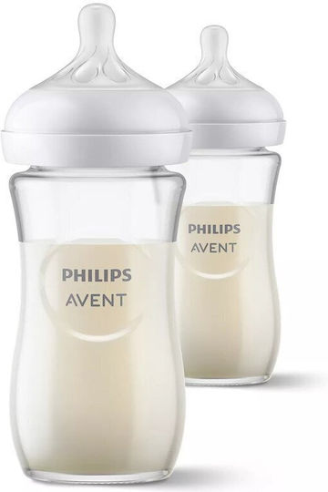 Philips Set Biberoane din Sticlă Natural Natural Anti-colici cu Tetină din Silicon Albe 240ml 2 Bucăți