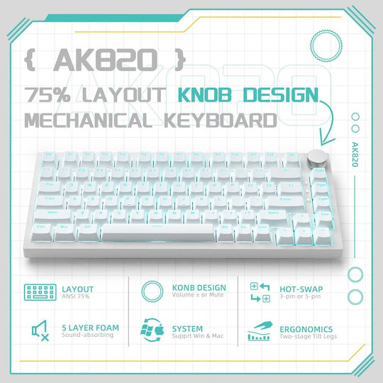 Ajazz AK820 Gaming Mechanical Keyboard 75% with Illuminated Keys (English US) White