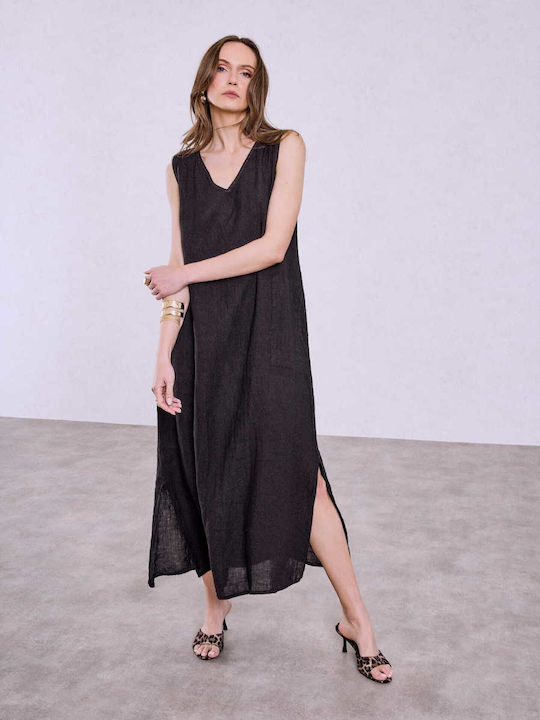 Celestino Damenkleid Maxi Leinen Mit Taschen Loose Fit Schwarz