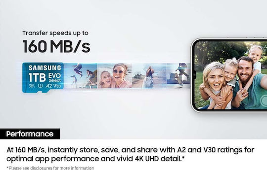 Samsung Evo Select microSDXC 1TB U3 UHS-I 160MB/s με αντάπτορα