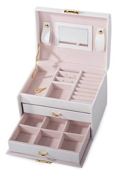 Casetă pentru Bijuterii din Catifea cu Sertar și Oglindă Albă 17.5x13.8x13.5cm