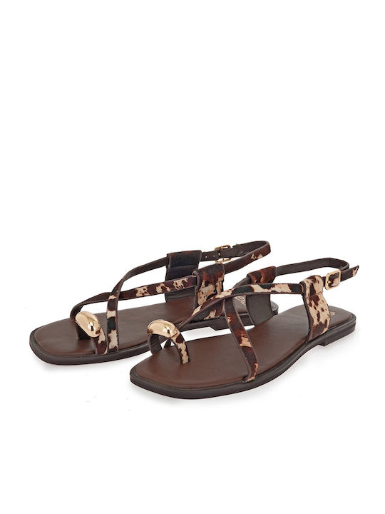 Leather Women's Flat Sandals Brown