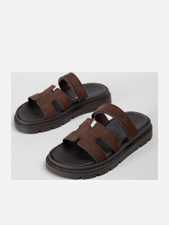 Leather Women's Flat Sandals Flatforms Brown