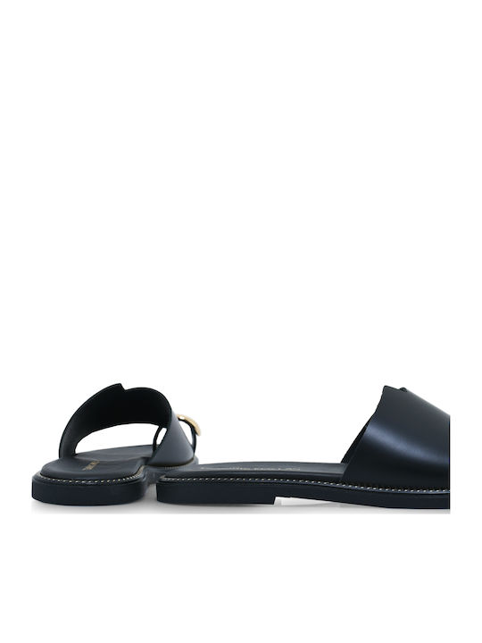 Leder Flache Sandalen Für Damen Schwarz