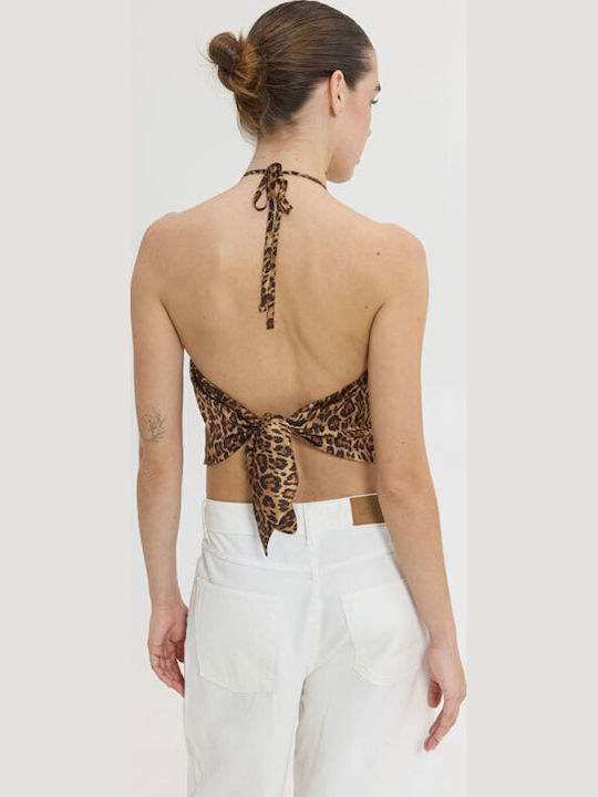 Women's Sleeveless Top with Tie at Neck Animal Print Brown Leopard