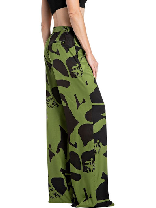 Women's Leather Trousers in Straight Leg Black-Khaki