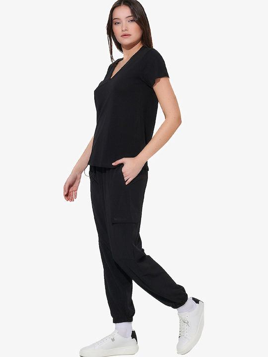 Women's Fabric Cargo Trousers with Rubber Band Black