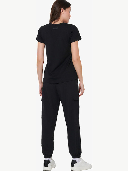 Women's Fabric Cargo Trousers with Rubber Band Black