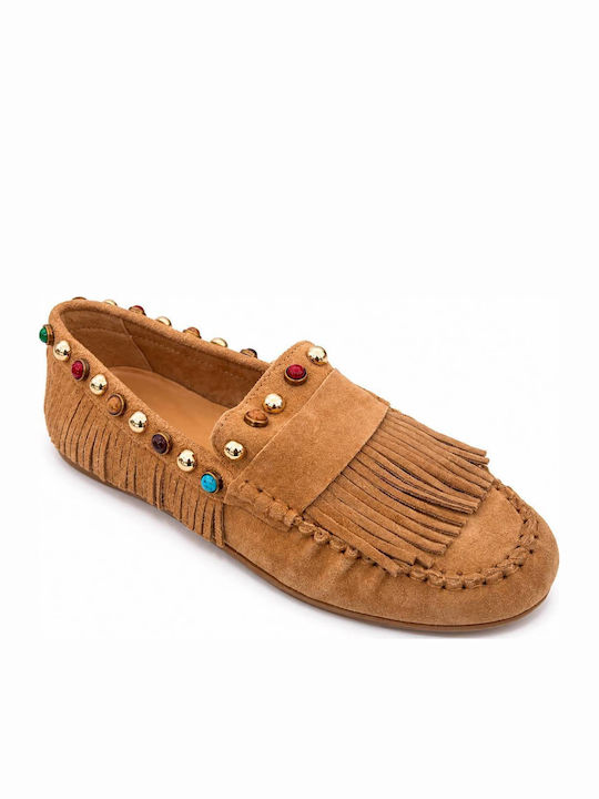 Leather Women's Loafers In Beige Colour