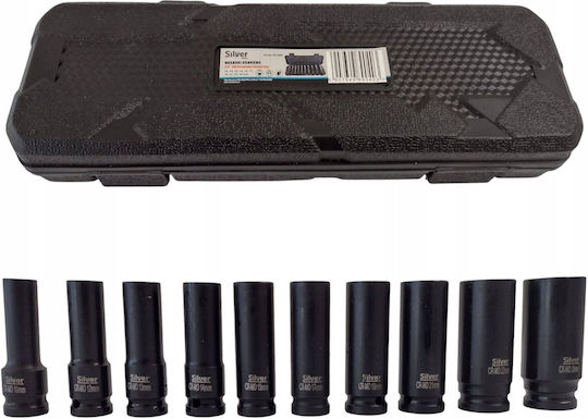 Silver Long Pneumatic Sockets with 1/2" Frame Host Set 10 Pieces