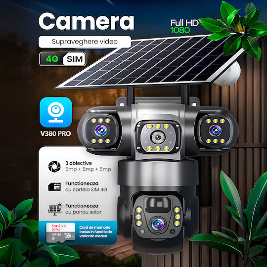 V380 PRO IP Cameră de Supraveghere Triplă Wi-Fi/4G Full HD+ 5MP Rezistentă la Apă cu Baterie Difuzor și Obiectiv 4mm