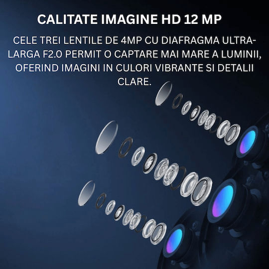 Taggo TAG621-WIFI-9MP Cameră de Supraveghere IP Triplu Wi-Fi 9MP Impermeabilă cu Baterie cu Comunicare Bidirecțională și Obiectiv 4mm