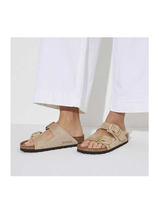 Arizona Big Buckle Leather Women's Flat Sandals in Beige Color Narrow Fit