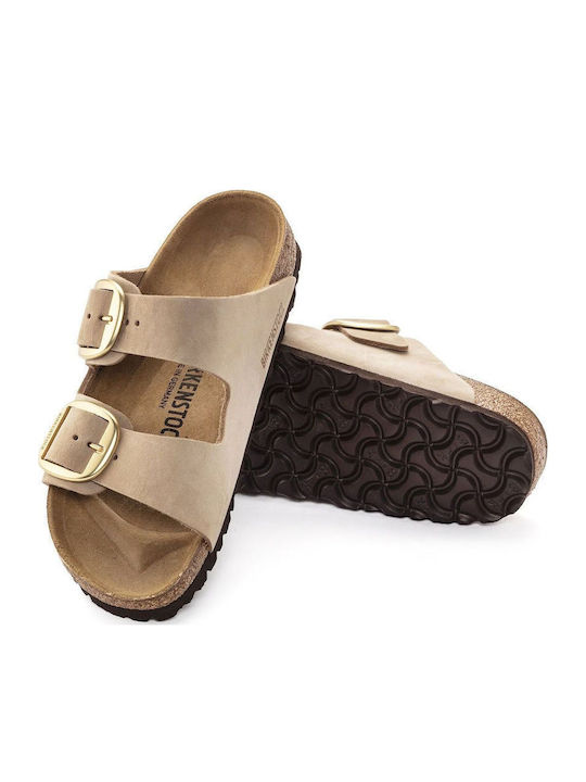 Arizona Big Buckle Leather Women's Flat Sandals in Beige Color Narrow Fit