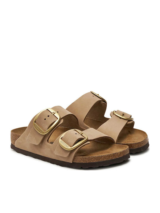 Arizona Big Buckle Leather Women's Flat Sandals in Beige Color Narrow Fit