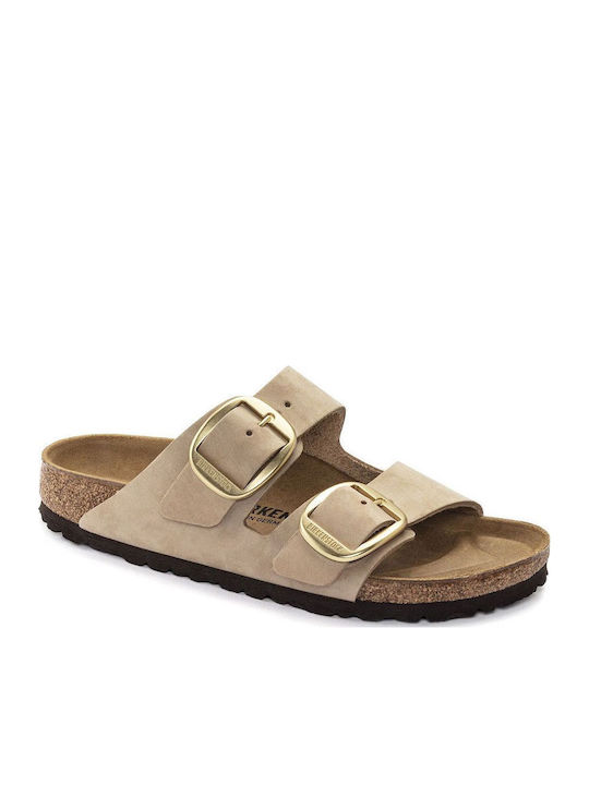Arizona Big Buckle Leather Women's Flat Sandals in Beige Color Narrow Fit