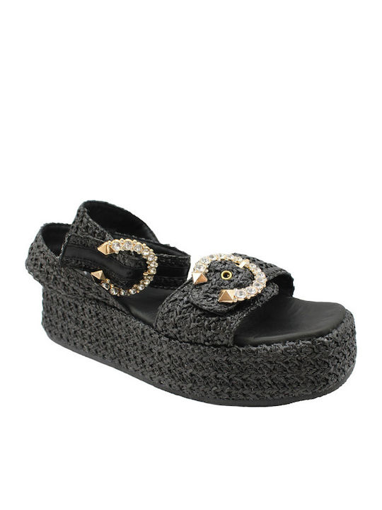 Leather Women's Flat Sandals in Black Color