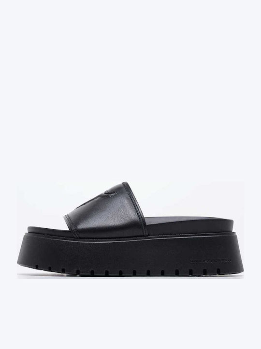 Δερμάτινα Γυναικεία Σανδάλια Flatforms Μαύρα