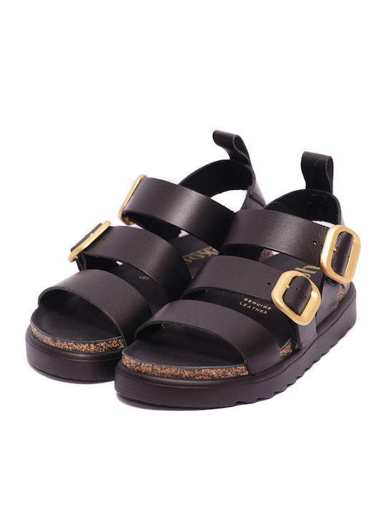 Leather Women's Flat Sandals in Black Color