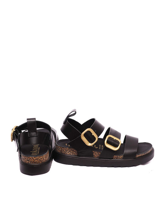 Leather Women's Flat Sandals in Black Color