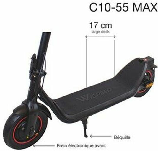 wispeed C10-55 MAX Електрическа Тротинетка с Максимална Скорост 25 км/ч и Максимална Автономност 55 км в Черен Цвят